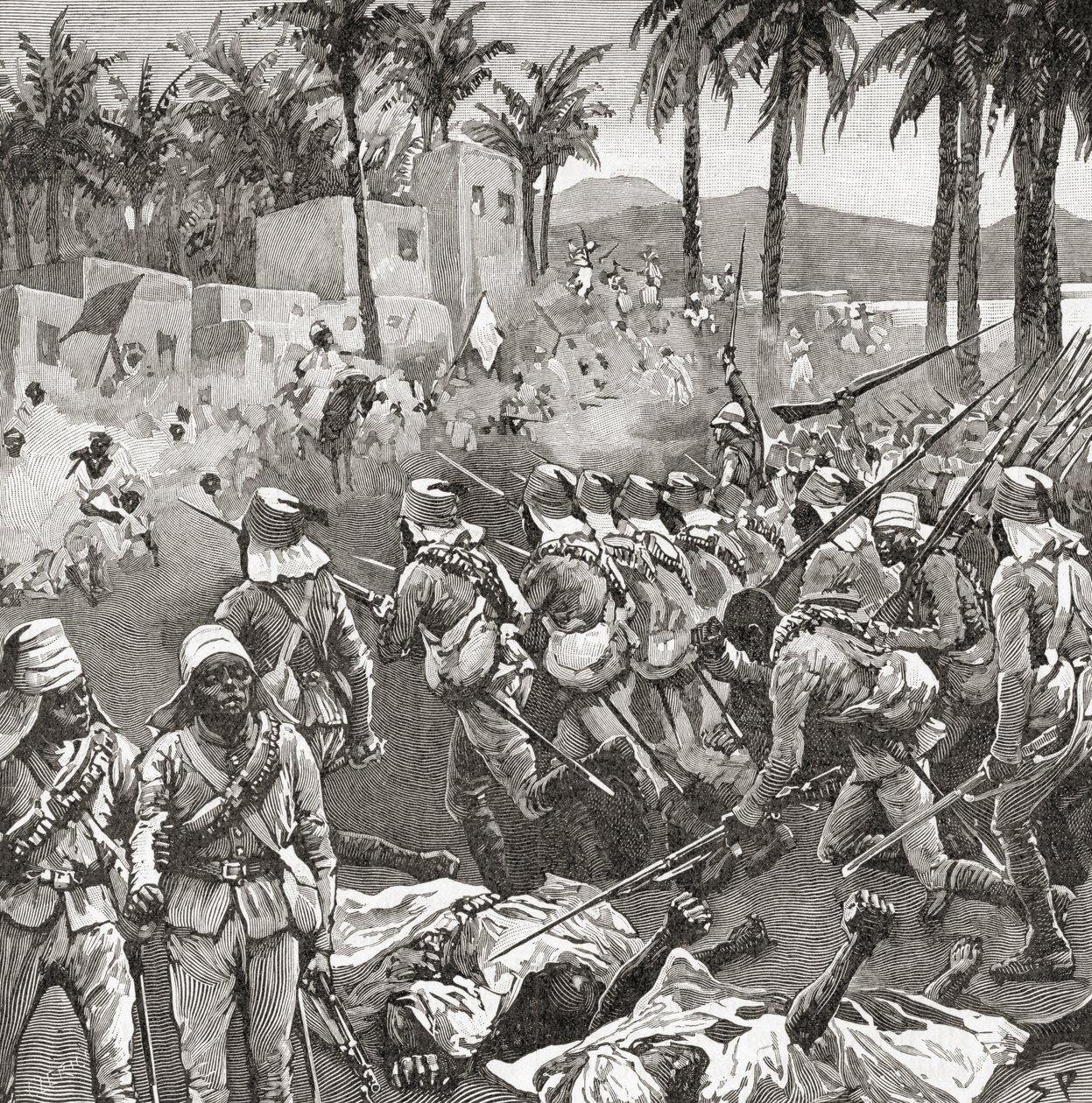 Anglo-egyptiske tropper stormer landsbyen Ferkeh i slaget ved Ferkeh eller Firket, 7. juni 1896, under Mahdist-krigen. af Unbekannt