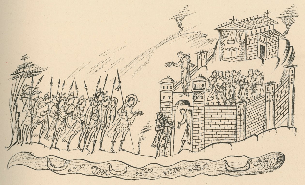 Angelsaksiske krigere nærmer sig et fort, 1908 af Unbekannt