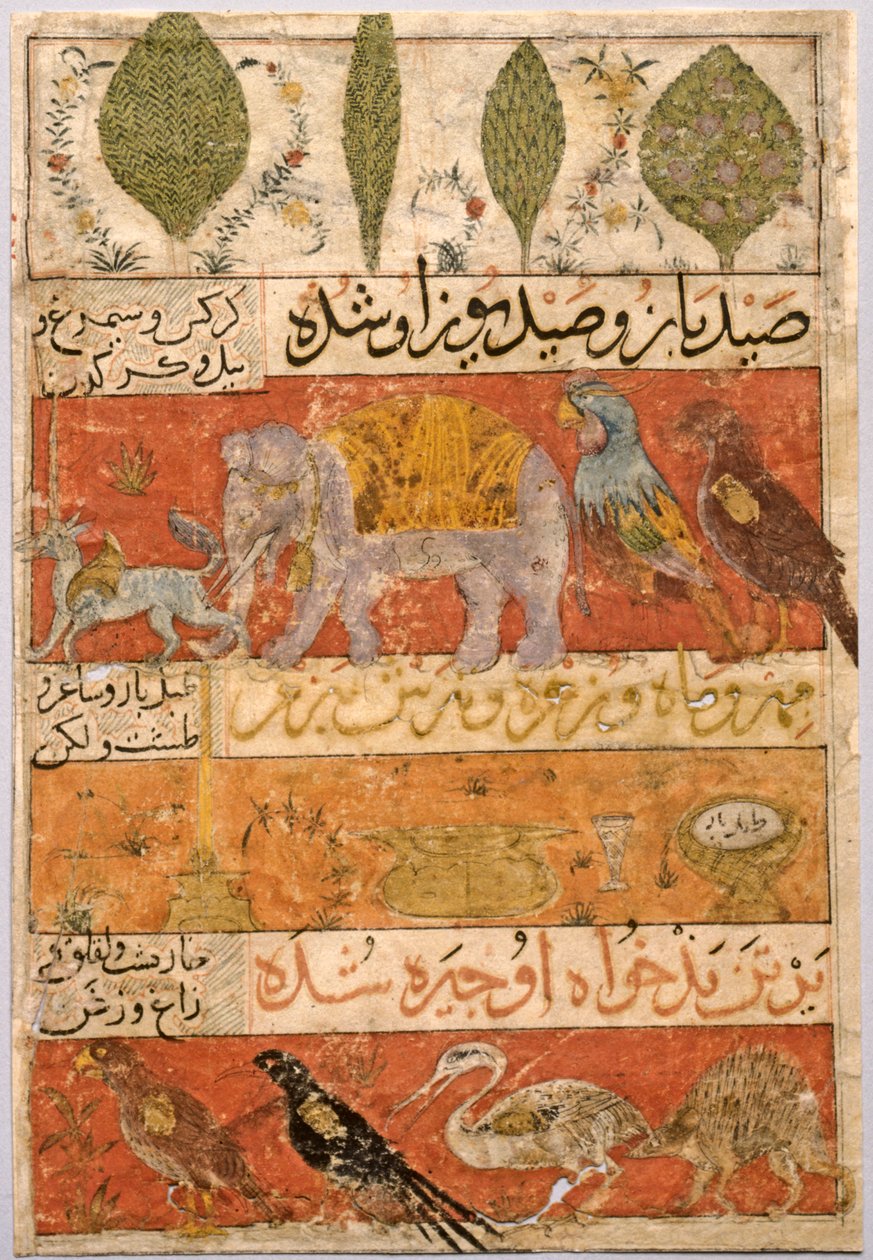 Dyr, fugle og planter verso, Illustration og tekst Persiske vers..., 1341. af Unbekannt