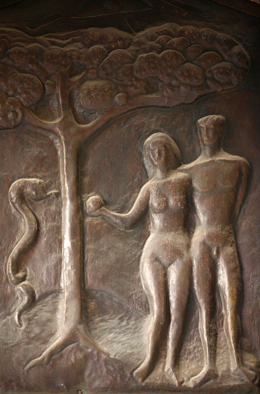 Bebudelsesbasilikadørskulptur: Adam og Eva, Nazareth, Israel af Unbekannt
