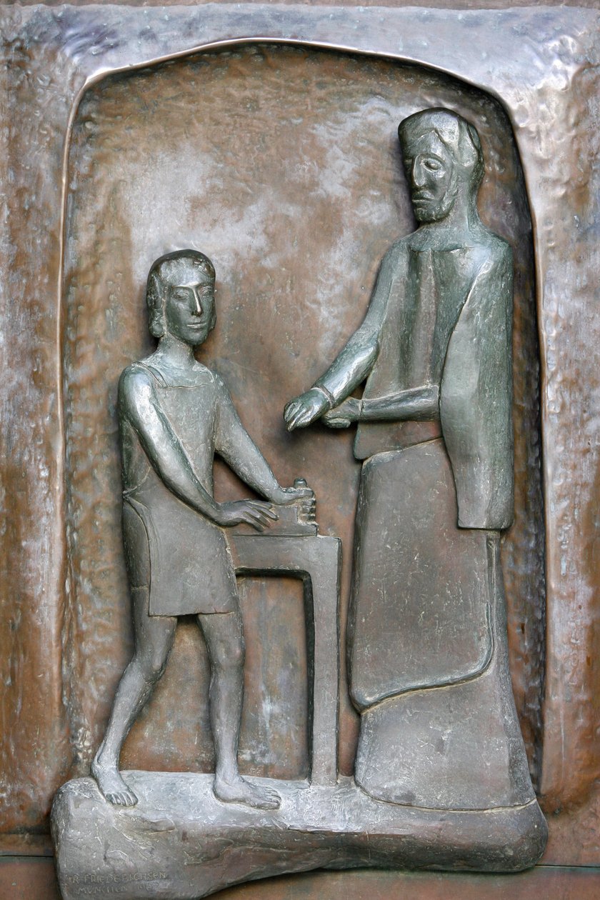 Bebudelsesbasilikadørskulptur: Jesus og Josef, Nazareth, Israel af Unbekannt