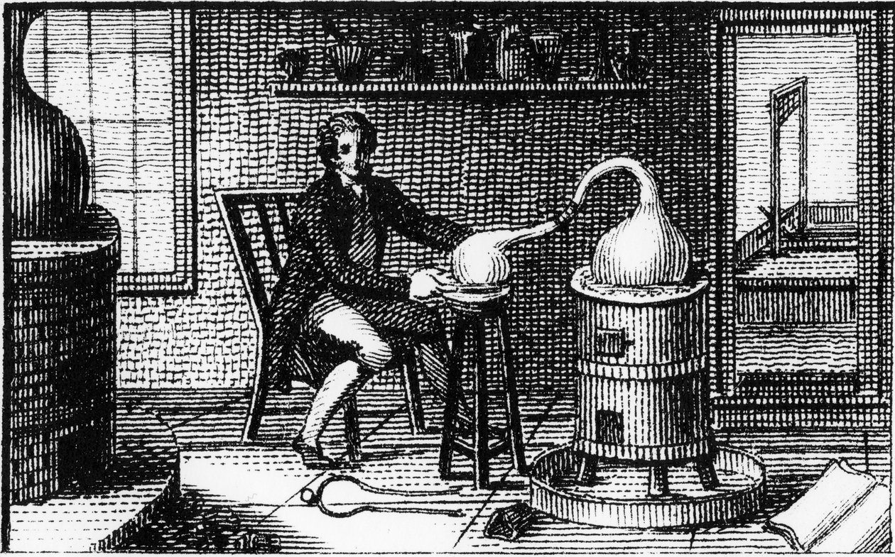 Antoine Laurent Lavoisier, fransk kemiker fra det 18. århundrede, i sit laboratorium, 1814 af Unbekannt