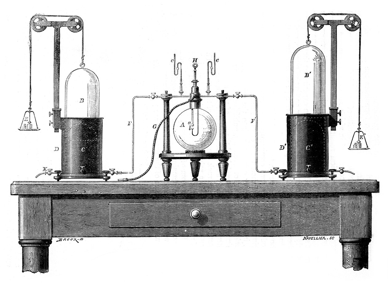 Antoine Lavoisier apparat til at syntetisere vand fra brint venstre og oxygen højre, 1881 af Unbekannt