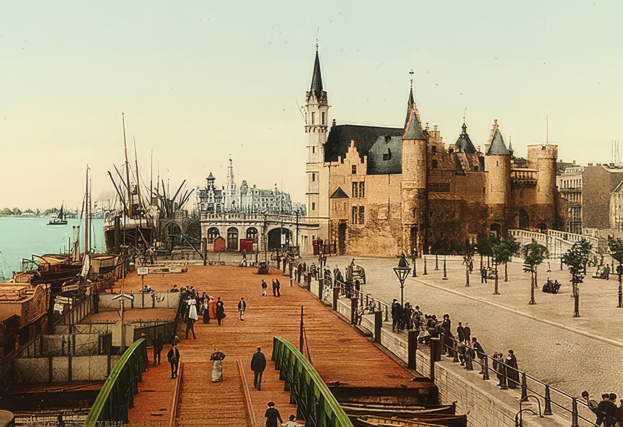 Antwerpen (Anvers). Udsigt over det gamle slot (Het Steen) til havnen. Omkring 1900 af Unbekannt