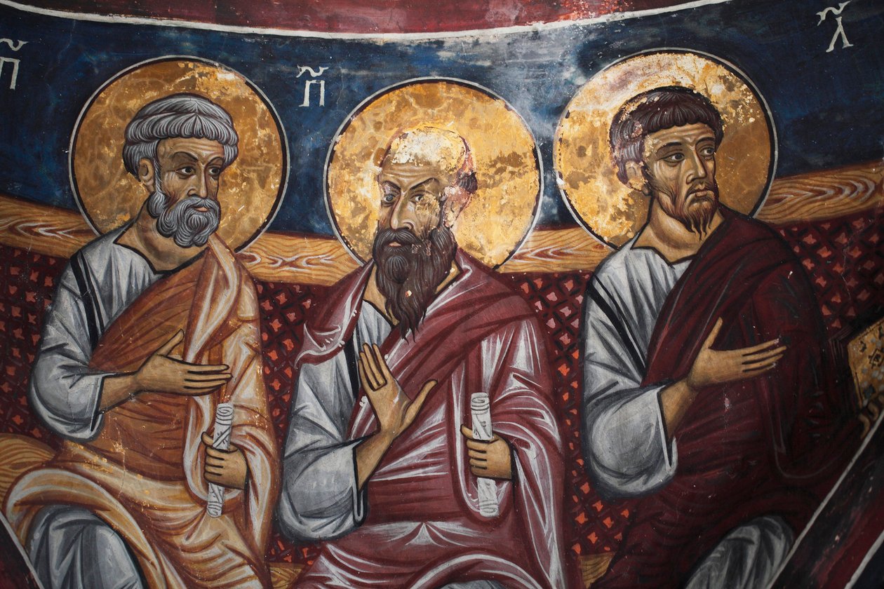 Apostlenes repræsentation omkring Kristus og den sidste dom Detalje af den byzantinske fresko fra Narthex-hvælvingen i kirken Asinou Sidste domsscene 1300-tallet (1332) UNESCO, verdens kulturarvssted Troodos-regionen, Cypern af Unbekannt