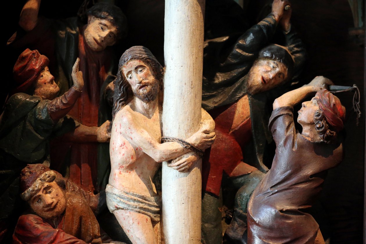 Arbois, Jura, Frankrig, le 31/8/2015 - Saint-Hippolyte kirke. Retabel fra det femtende århundrede. Kristi flagelation. af Unbekannt