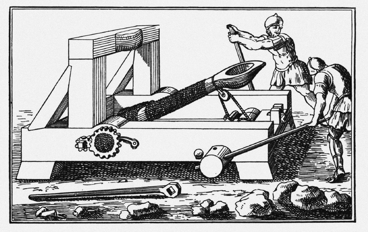 Archimedes belejringskatapult. Fra Historierne af Polybius, 1727 af Unbekannt