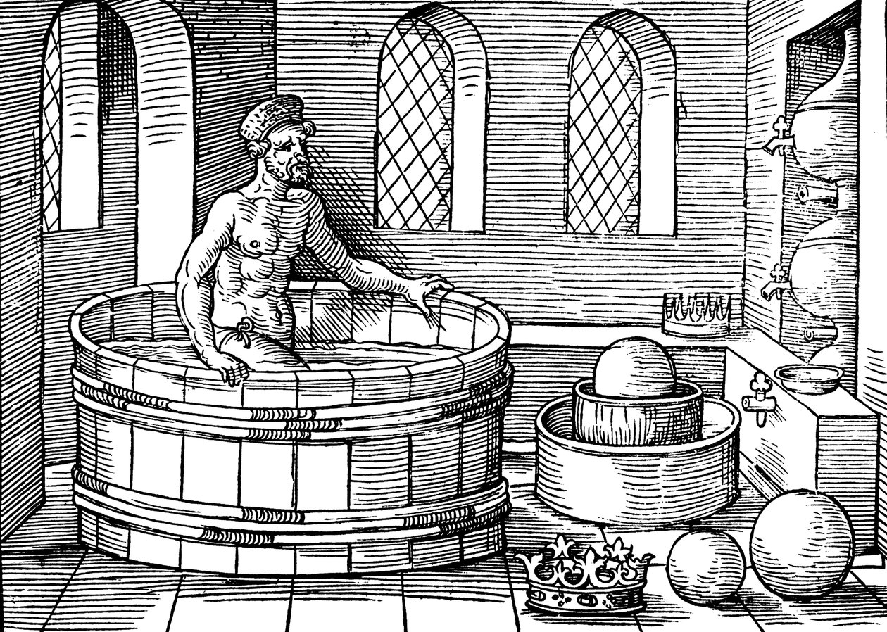 Archimedes c287-212 f.Kr., oldgræsk matematiker og opfinder, i sit bad af Unbekannt