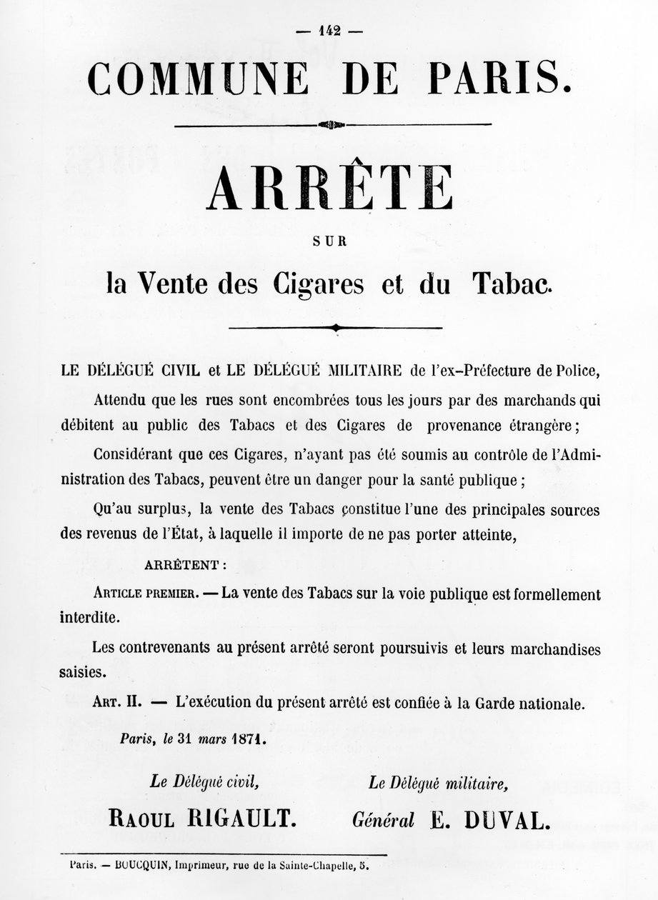 Ordre om salg af cigarer og tobak fra franske politiske plakater fra Pariserkommunen af Unbekannt