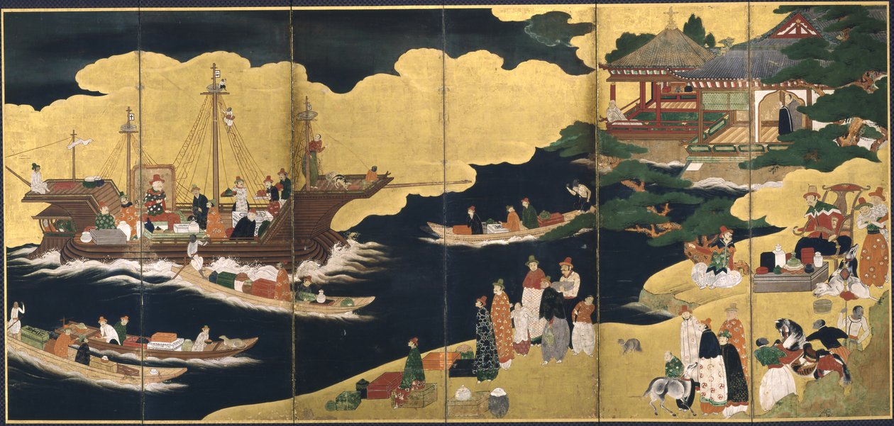 Ankomst af et portugisisk skib. Nanban skærm, ca. 1600 af Unbekannt