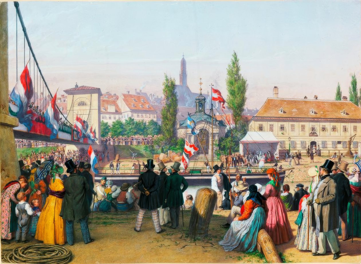 Dampskibets ankomst til stationen på Donau-kanalen, Wien, 1845 Akvarel af Unbekannt