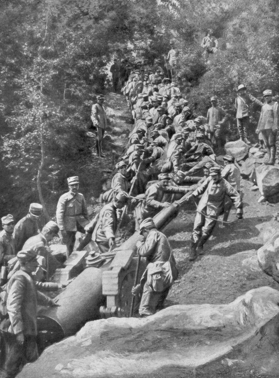 Artilleristykke bliver trukket af 600 soldater, Andet slag ved Isonzo, Første Verdenskrig, 1915 af Unbekannt