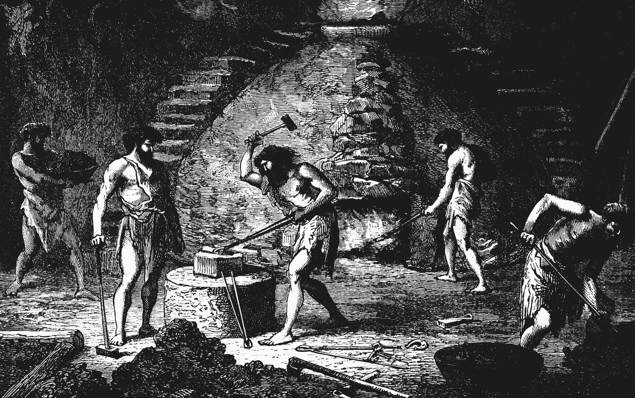 Kunstnere rekonstruktion af en sen jernalder smedje, 1890 af Unbekannt