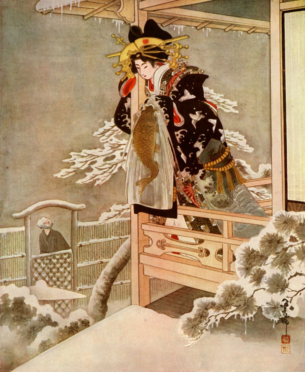 Mens hun talte, lænede Urasato sig langt ud over balkonen..., 1919. af Unbekannt