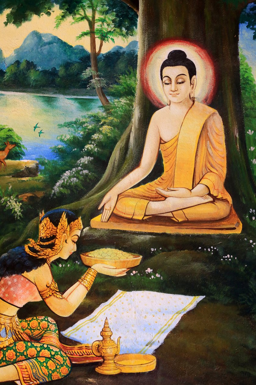 Den asketiske Buddha blev tilbudt en skål mælke-rismel om morgenen hans oplysning af Nandabala. Maleri, der skildrer Shakyamuni Buddhas livshistorie. Wat Ong Teu smuk. Den tunge Buddhas tempel. Ventiane. Laos, 20151028, Vientiane, Laos af Unbekannt