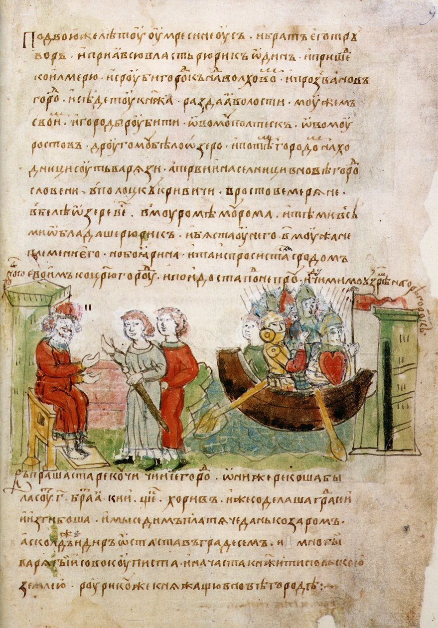 Askold og Dir spurgte af Rurik om tilladelse til at tage til Konstantinopel fra Radziwill Chronicle, 1400-tallet af Unbekannt