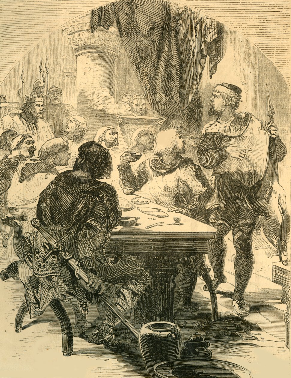 Ved en banket givet af Harold modtager han nyheden om normannernes invasion, c1890. af Unbekannt