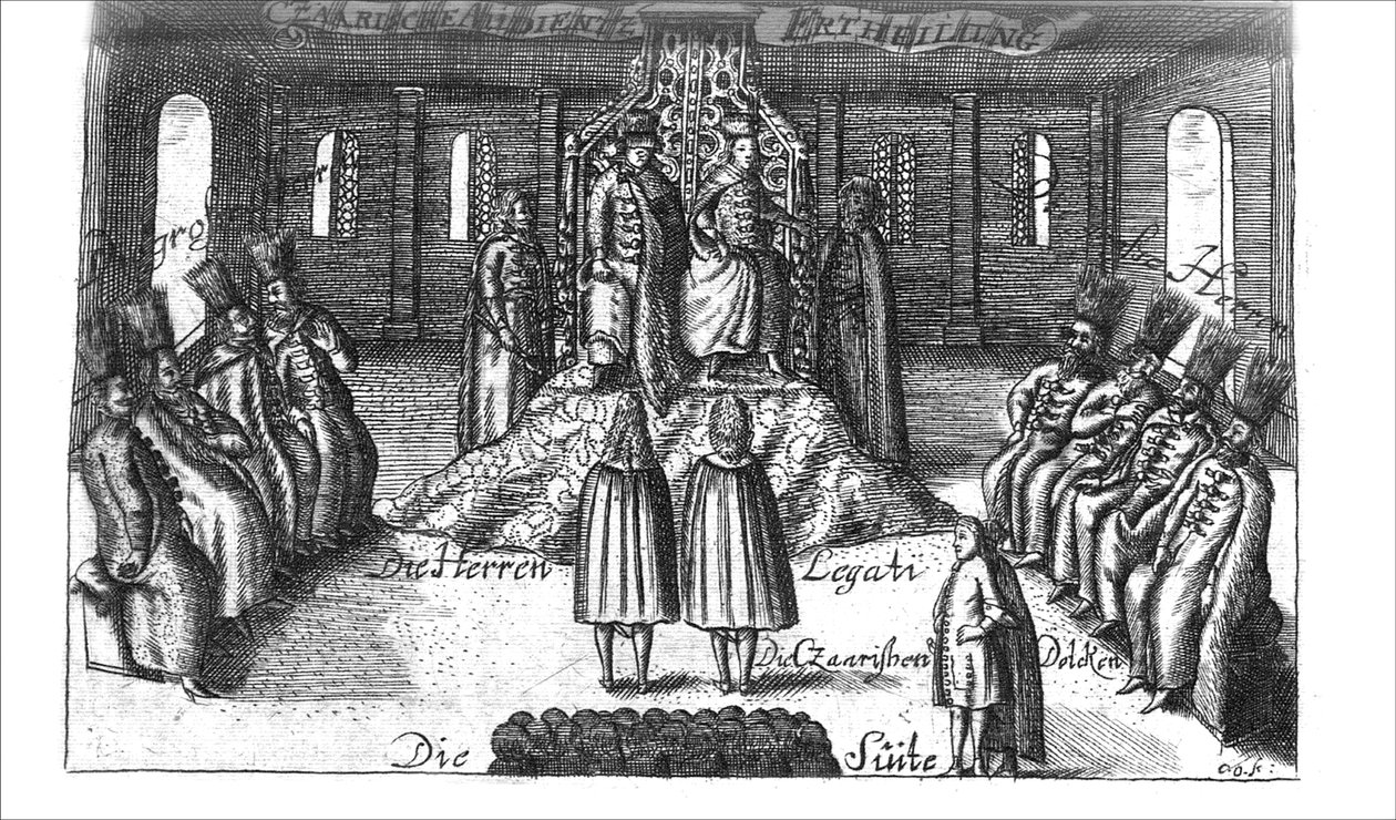 Publikum med Ivan V, Peter I og Sophia Alekseyevna fra Georg Adam Schleissing Derer beyden Czaaren i Reussland..., 1693 af Unbekannt