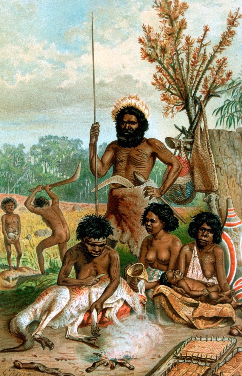 Australske aboriginere slagter en kænguru, 1885-1888 af Unbekannt