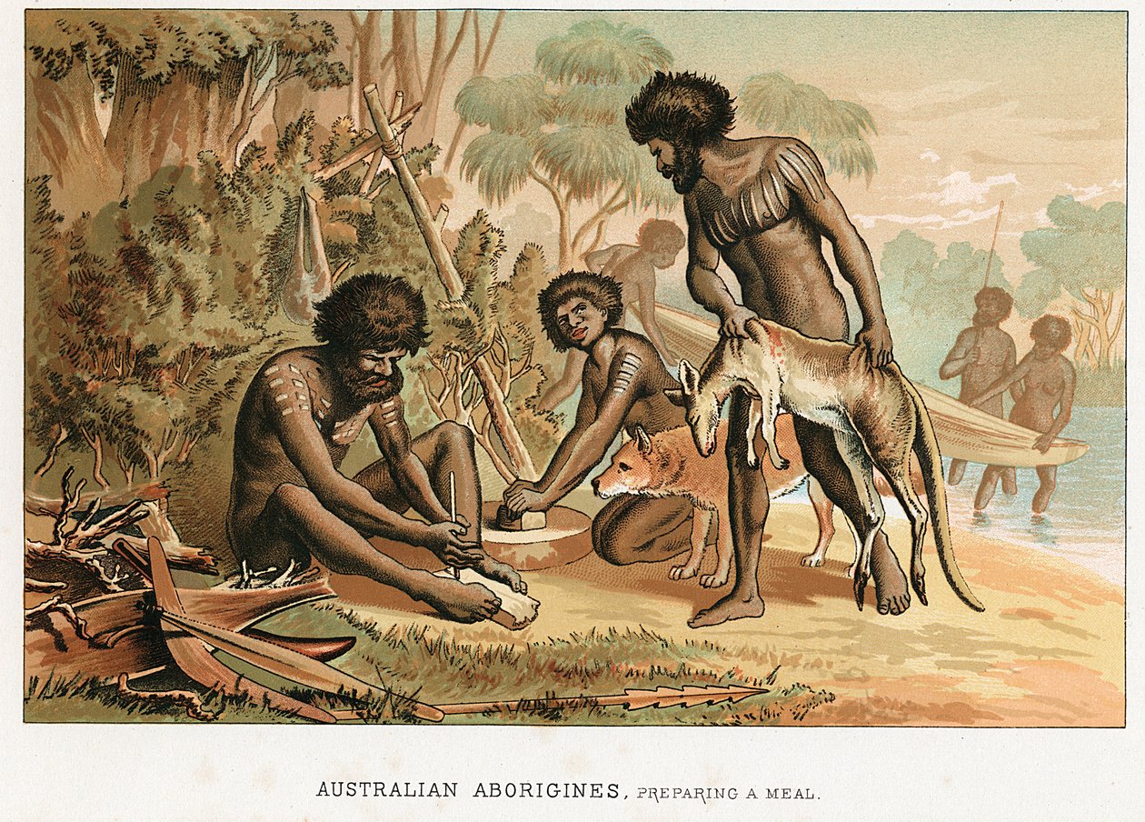 Australske indfødte tilbereder måltid fra et dyr, de har jaget, c1895 af Unbekannt
