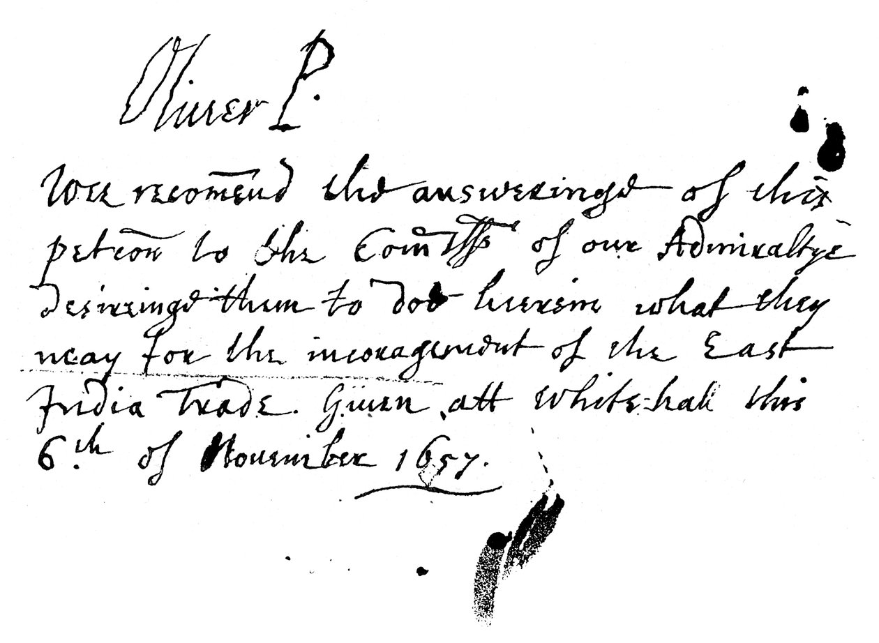 Autografnotat af Oliver Cromwell til et andragende fra East India Company, november 1657, 1893 af Unbekannt