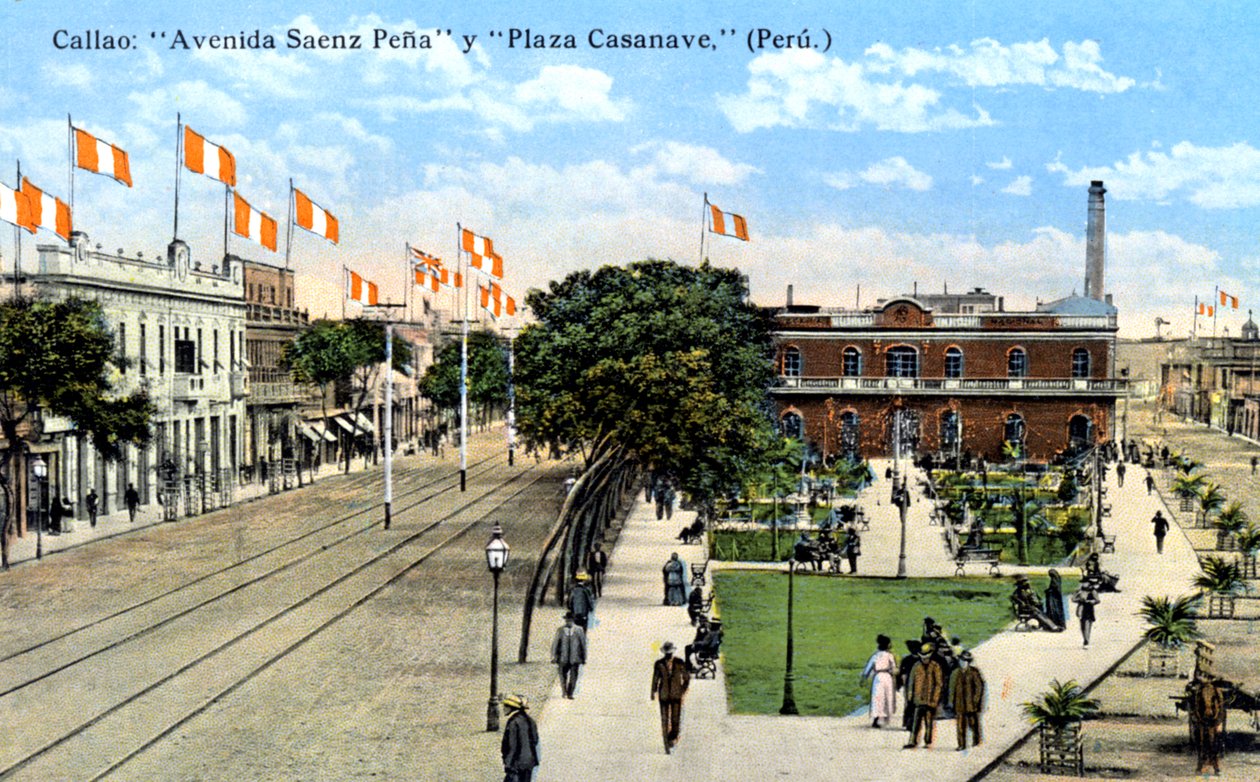 Avenida Saenz Pena og Plaza Casanave, Callao, Peru, omkring 1900-tallet af Unbekannt