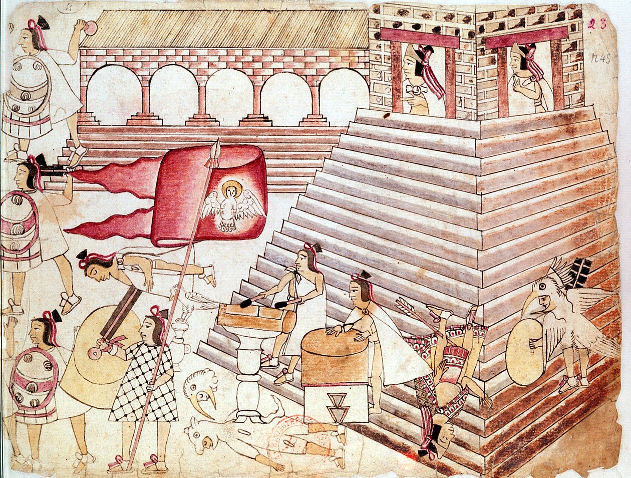 Aztekiske krigere forsvarer templet i Tenochtitlan, Mexico af Unbekannt