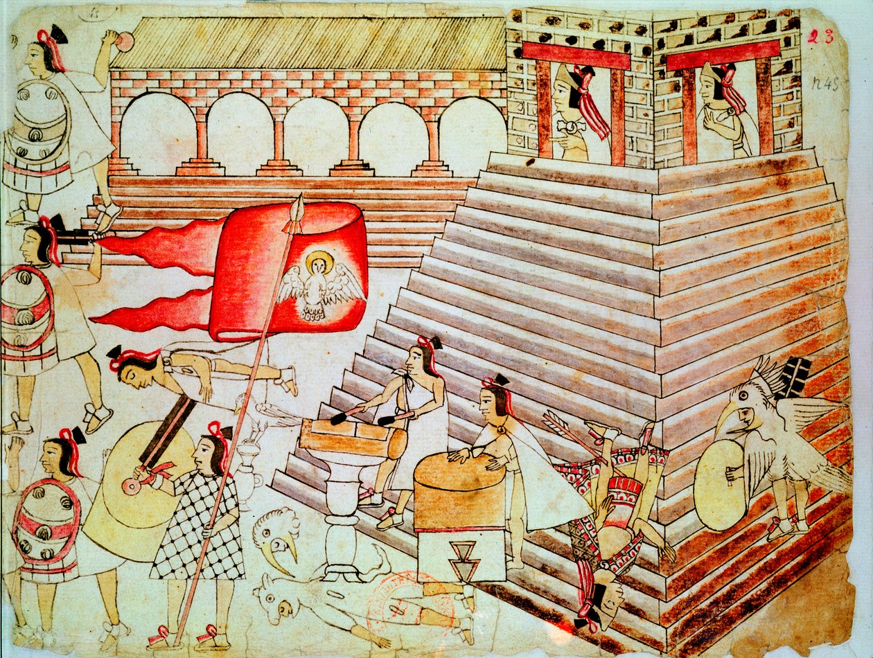 Aztekiske krigere forsvarer Tenochtitlans tempel mod Conquistadors, 1519-1521 af Unbekannt