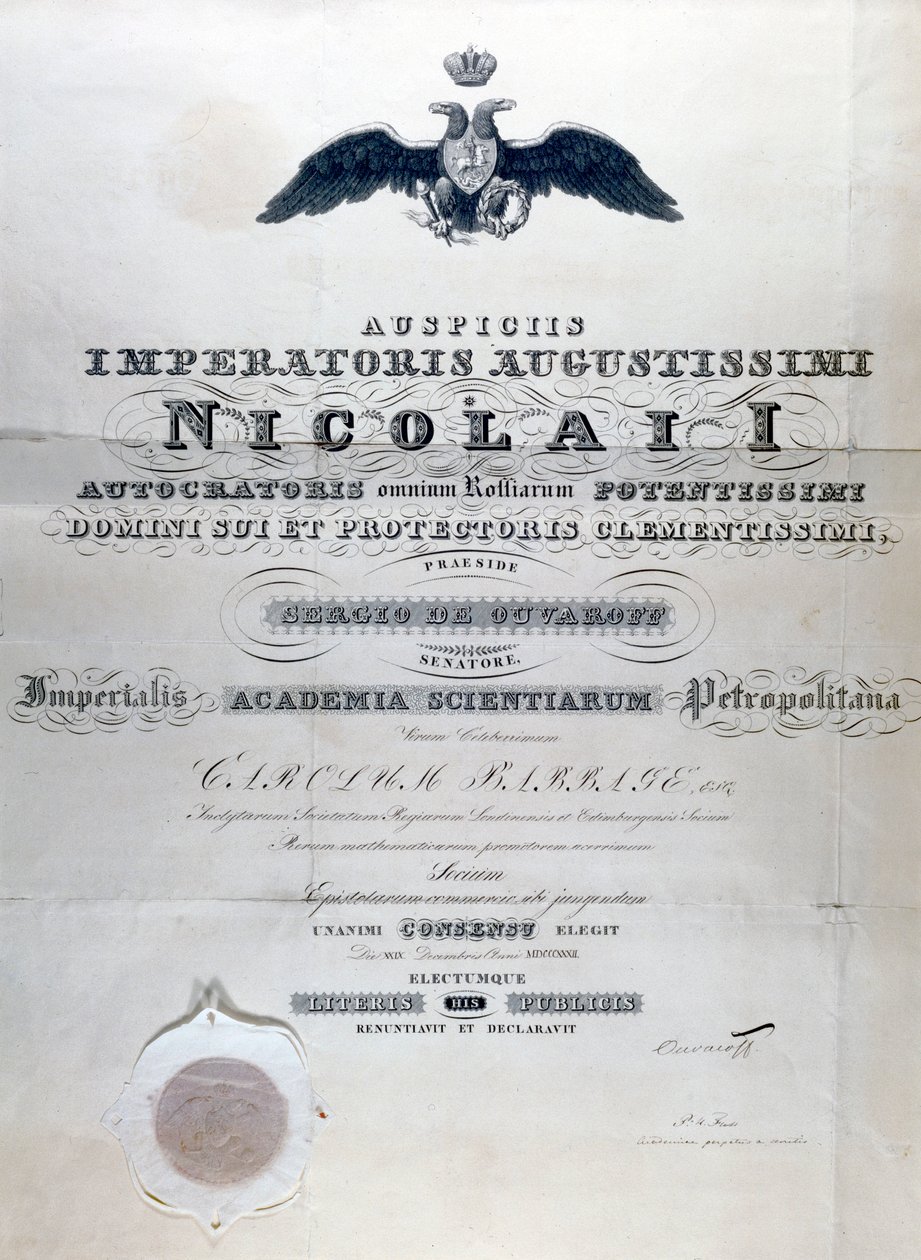 Babbage Diploma fra Imperial Academy of Sciences Petropolitan af Unbekannt