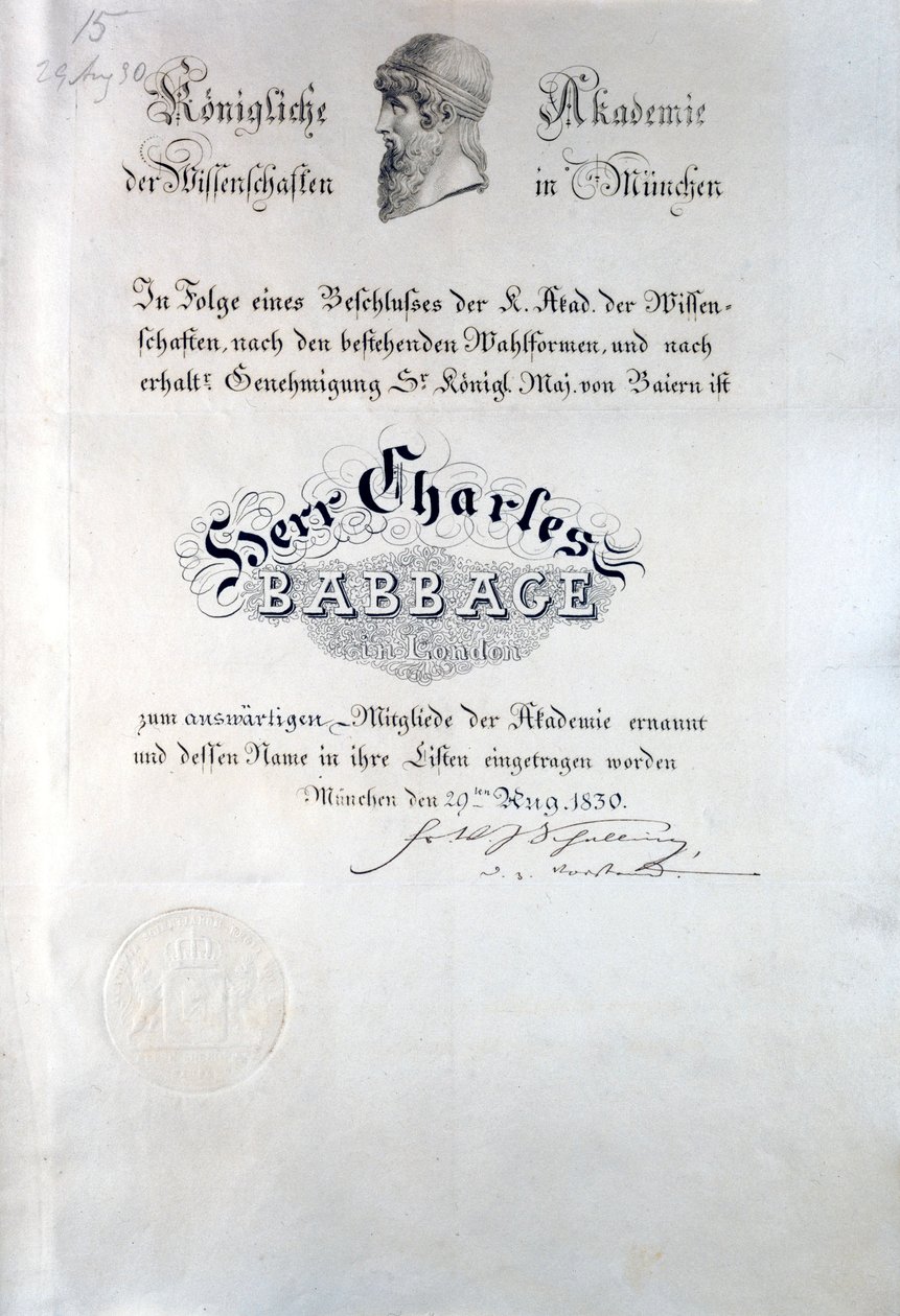 Babbage Diploma fra Royal Academy of Sciences München af Unbekannt