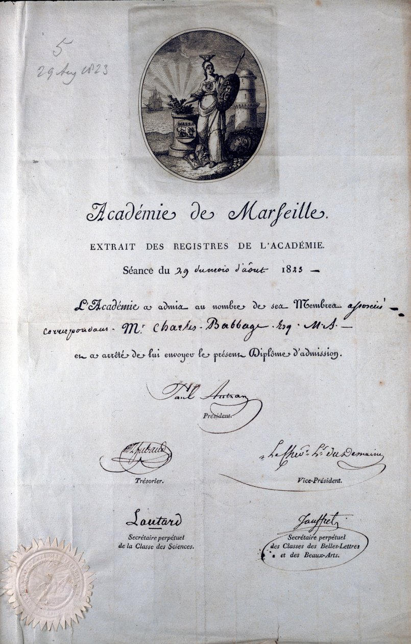 Babbage-diplom fra Academie de Marseilles af Unbekannt