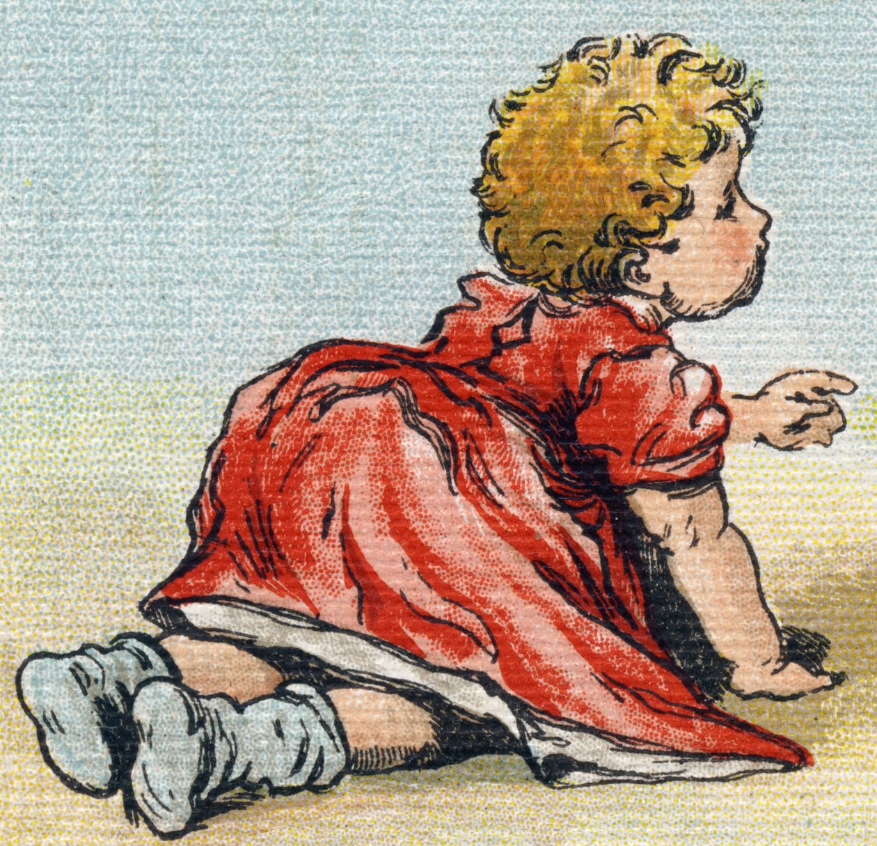 Baby. Indgravering i "Alphabet de ma petite fille". Bernardin-Bechet og Fils, boghandler-forlag, Paris, omkring 1895. Ubrydeligt album på lærred. Bibliotheque des Bebes. 12 sider. Album indeholdende en læsemetode og et illustrativt abecedarium. Dim: 29, af Unbekannt