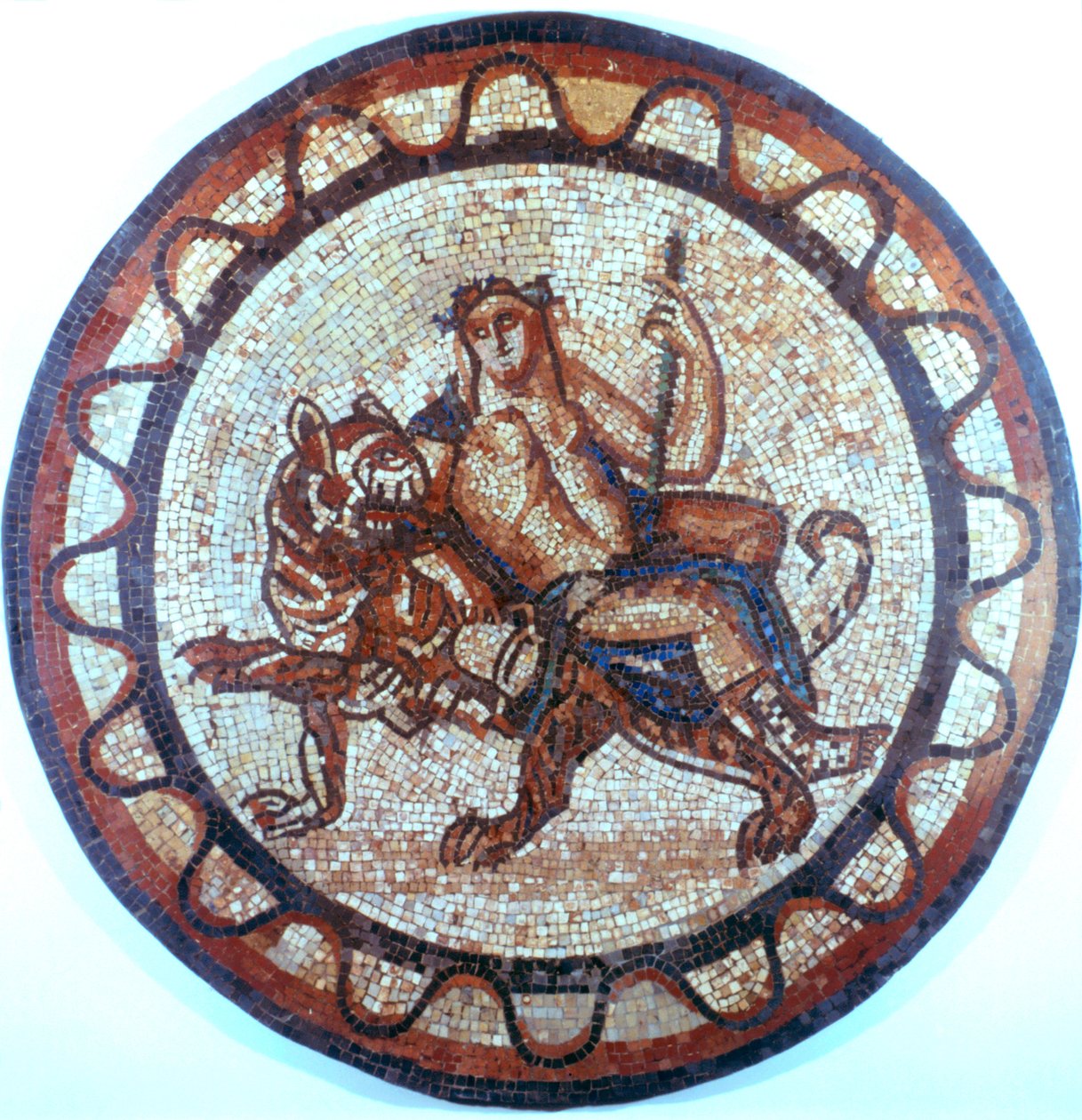 Bacchus, gammel romersk vingud, ridende på en tiger, romersk mosaik, 1. eller 2. århundrede af Unbekannt