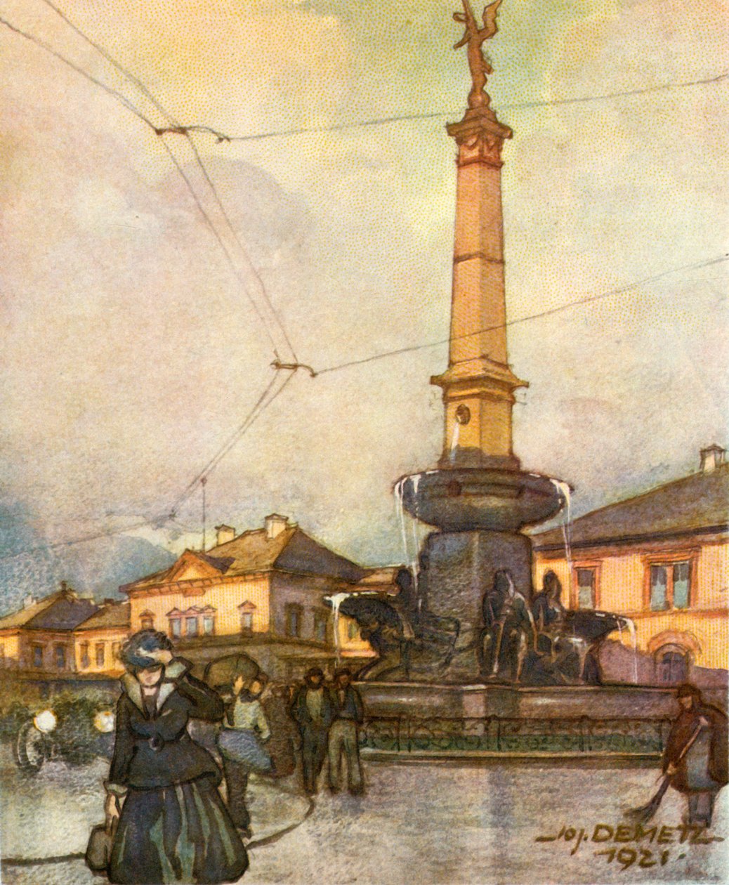 Togstation med Unification Fountain, Jernbanestation med Unification Fountain, c1929. af Unbekannt