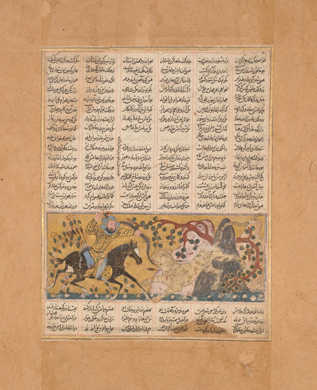 Bahram Chubina dræber det løveformede abemonster, folio fra en Shahnama..., ca. 1300-30. af Unbekannt