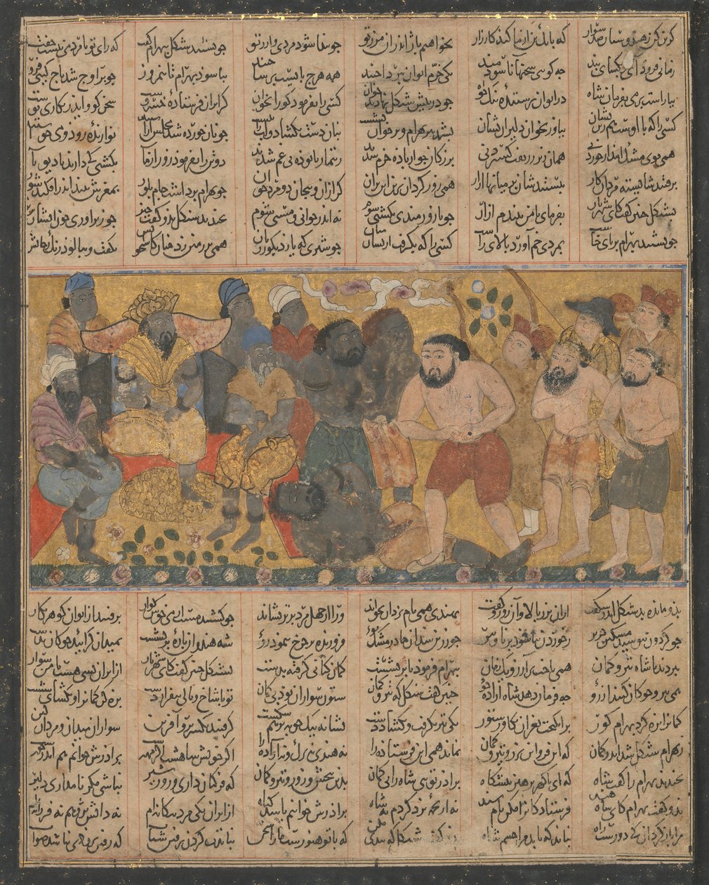 Bahram Gur udstiller sin dygtighed i brydning ved retten i Shangul..., ca. 1300-30. af Unbekannt