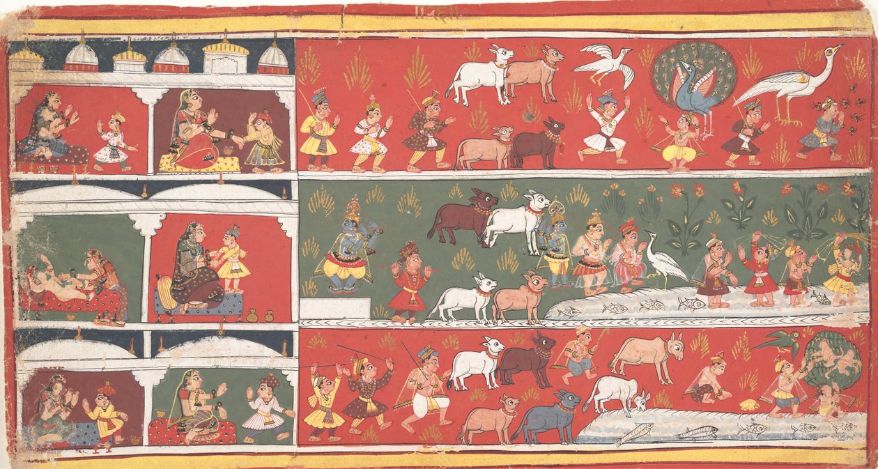 Bakasura, Tranedæmonen, ankommer til Brindavan... en spredt Bhagavata Purana..., ca. 1700. af Unbekannt