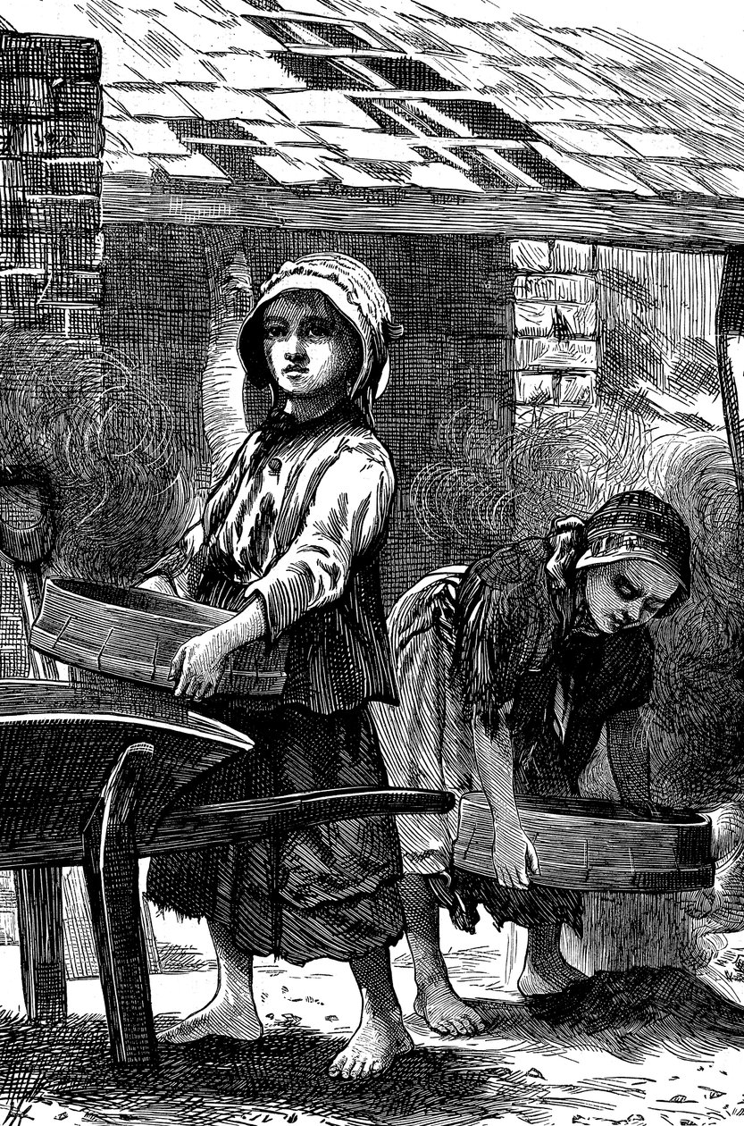 Barfodede piger sigter støv i et murværk, 1871 af Unbekannt