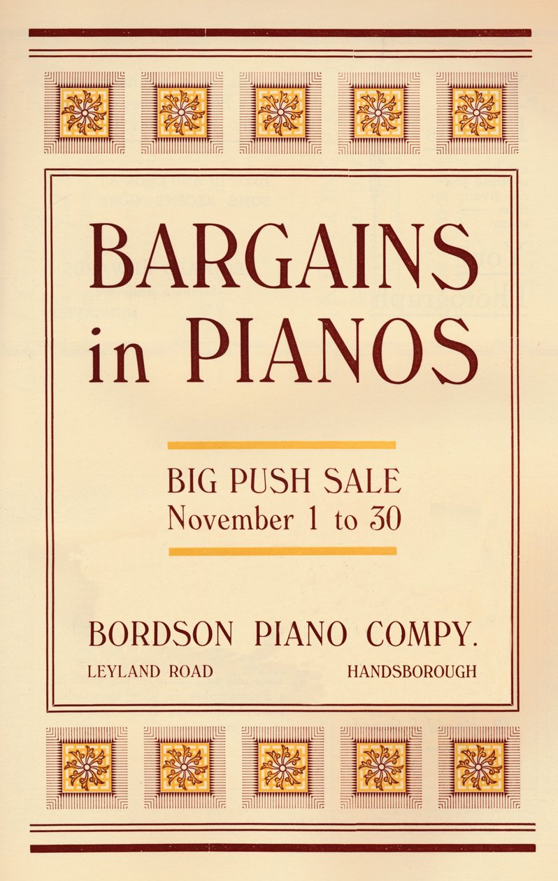 Tilbud i klaverer - Bordson Piano Companys annonce, 1916 af Unbekannt