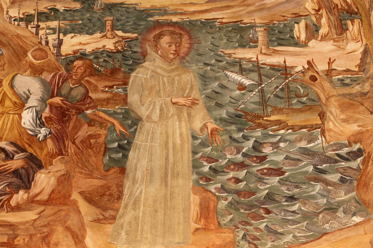 Basilica di Santa Caterina, Galatina, Apulien Fresco i klosteret: Sankt Antonius prædiker for fisken Malet af BrJoseph af Gravina i 1696, Galatina, Italien af Unbekannt