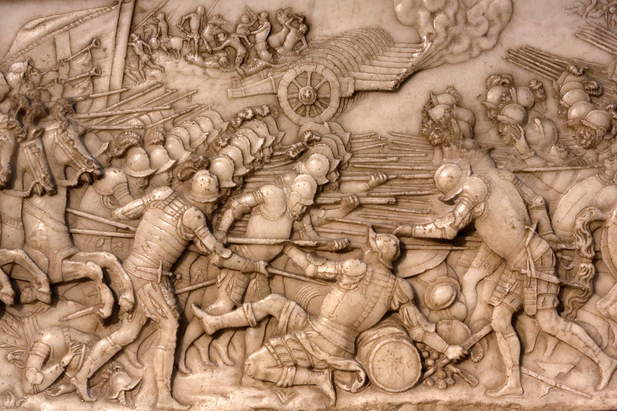 Basilica of St, Denis, Grav af Frans 1, konge af Frankrig og Claude af Frankrig, Foundations lavrelief, Skildring af slaget ved Marignano i 1515 - franskmændene og deres artilleri vendt mod det gamle schweiziske konføderation, Saint-Denis, Frankrig af Unbekannt