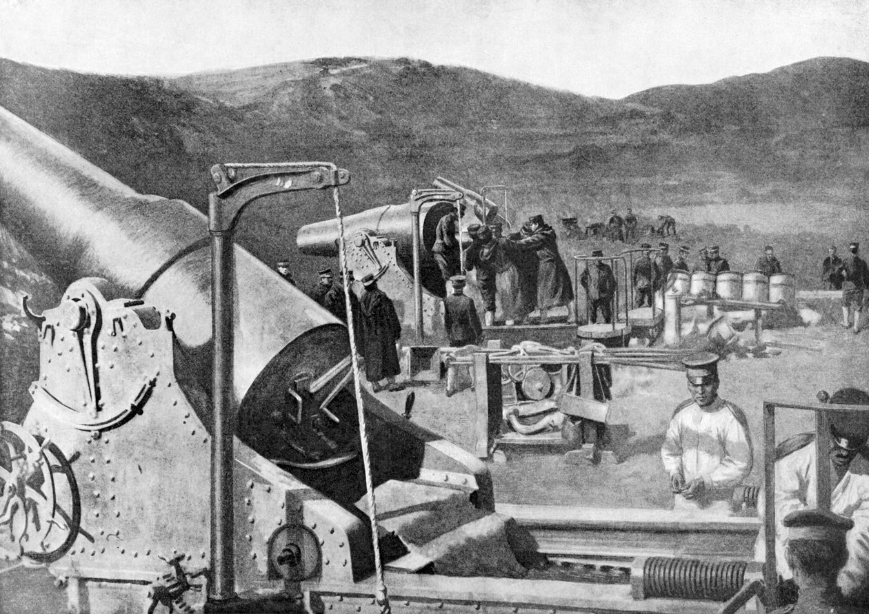 Batteri af japanske belejringsvåben, der bombarderer Port Arthur, russisk-japanske krig, 1904-5 af Unbekannt