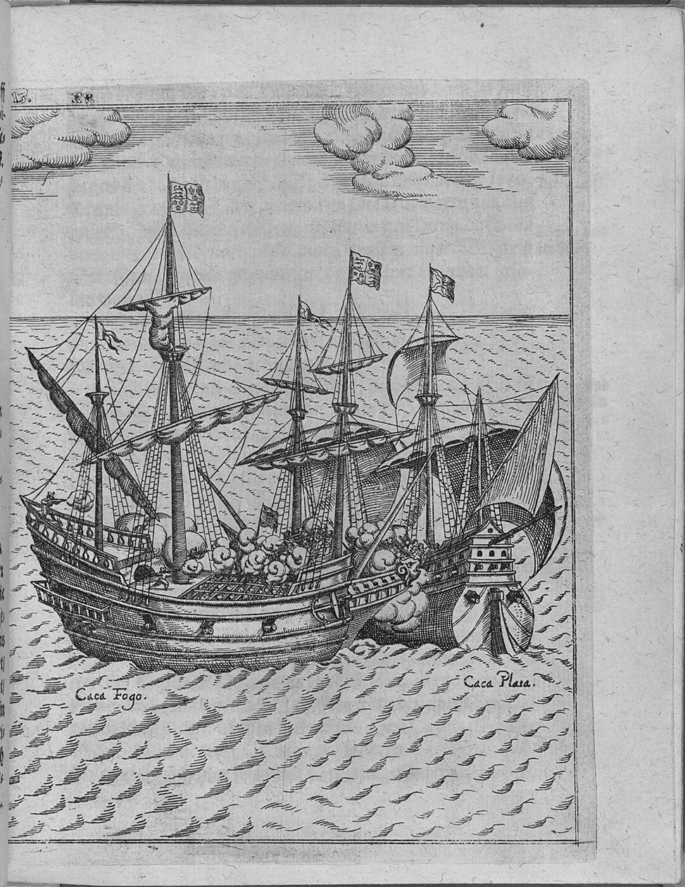 Kamp mellem Francis Drakes skib Golden Hind og det spanske skib Cacafuego. Fra Levinus Hulsiu af Unbekannt