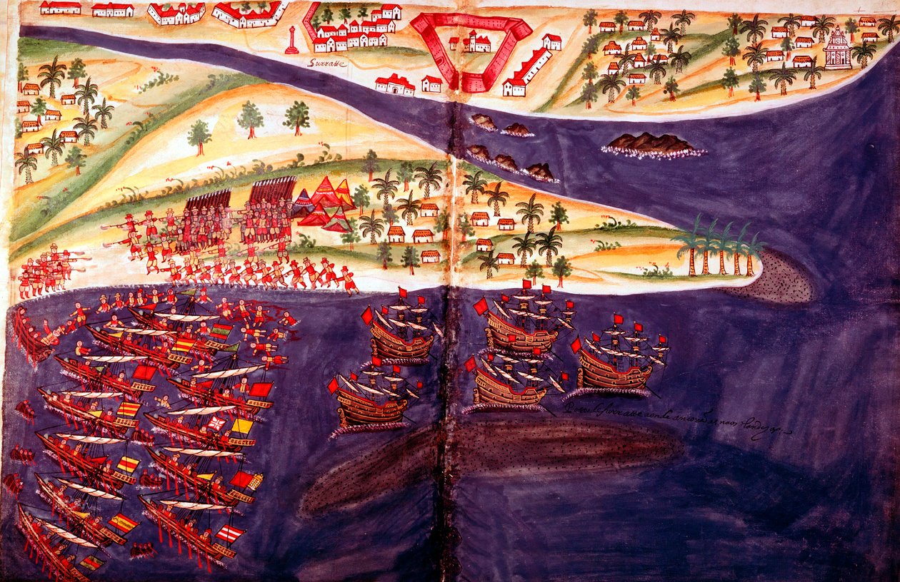 Kamp mellem muslimer og portugisere ved Surat, Gujarat nær Bombay, Indien, c1500-tallet af Unbekannt