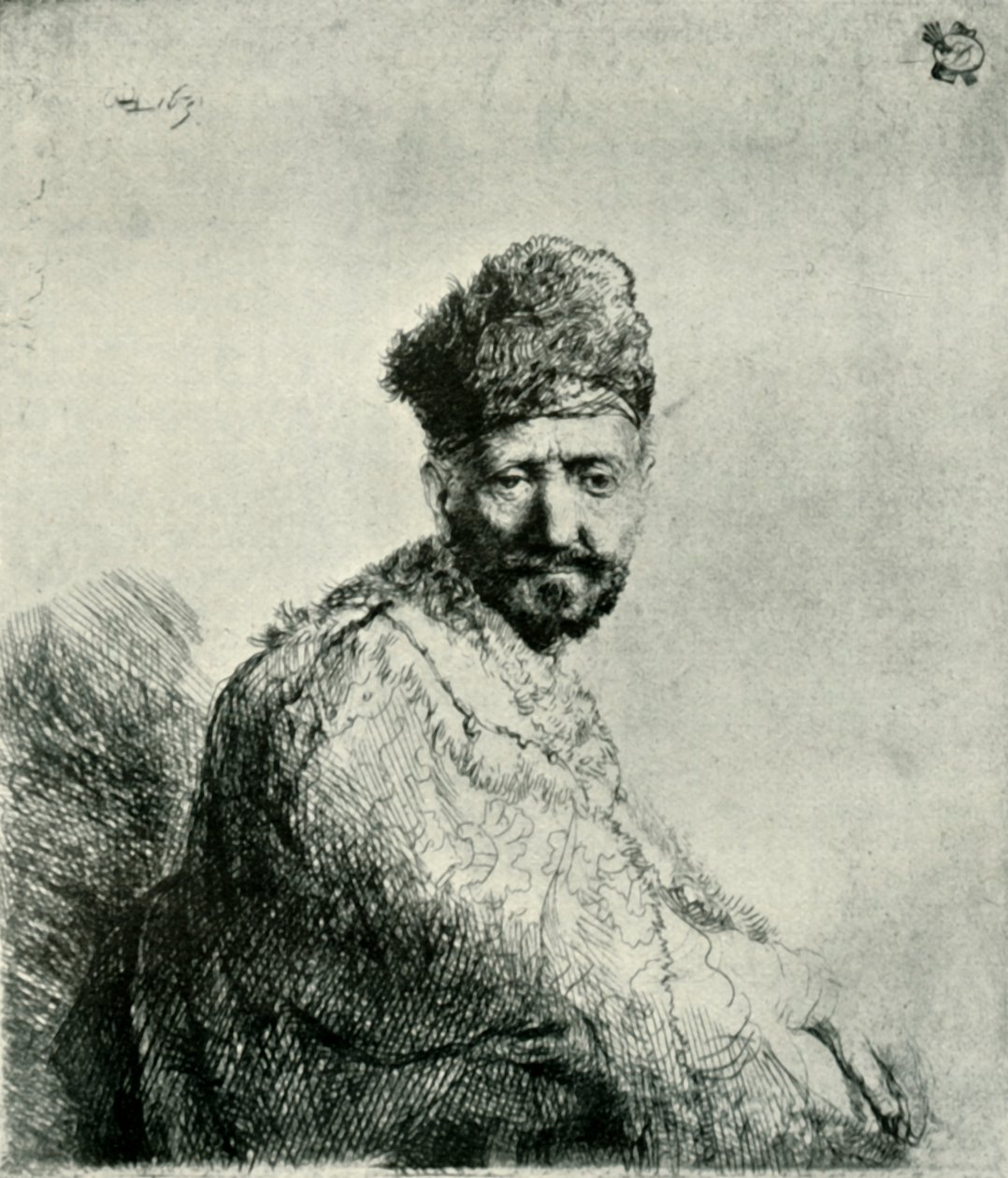 Skægget mand i en pelset orientalsk kasket og kappe: kunstnerens far, 1631, 1906. af Unbekannt