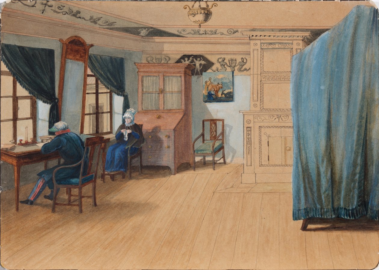 Soveværelse interiør. Grev Yegor Frantsevich Kankrin 1774-1845 ved sit skrivebord, 1820