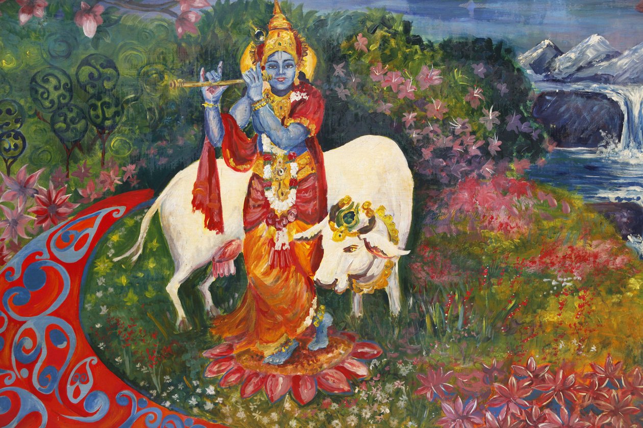 Bhaktivedanta Manor Maleri, der forestiller Krishna og en ko, Watford, Grande-Bretagne af Unbekannt