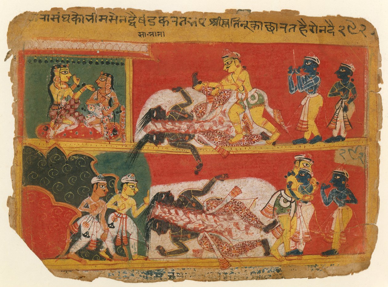 Bhima Slice Jarasandha: Sider fra Bhagavata Purana-manuskriptet, ca. 1540. af Unbekannt