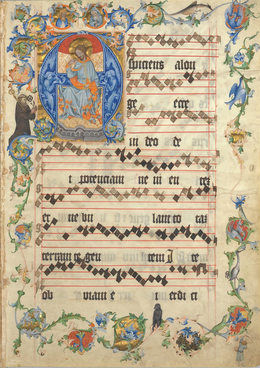 Bifolium med Kristus i Majestæt i et begyndelses-A, fra et antifonarium, ca. 1405. af Unbekannt