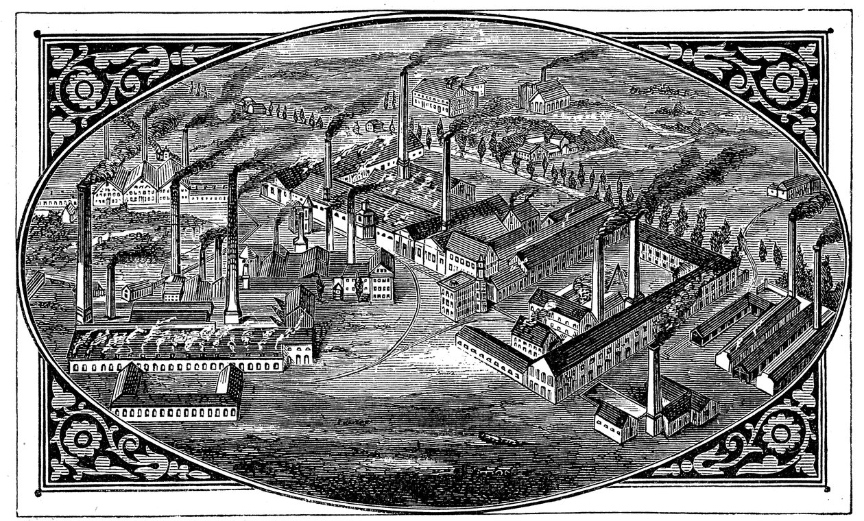 Fugleperspektiv af Krupps værker, Essen, Tyskland, 1876 af Unbekannt